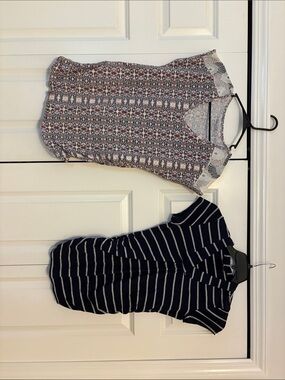 Two Women's Maternity Summer Tops - Patterned Sleeveless & Navy Striped Tee